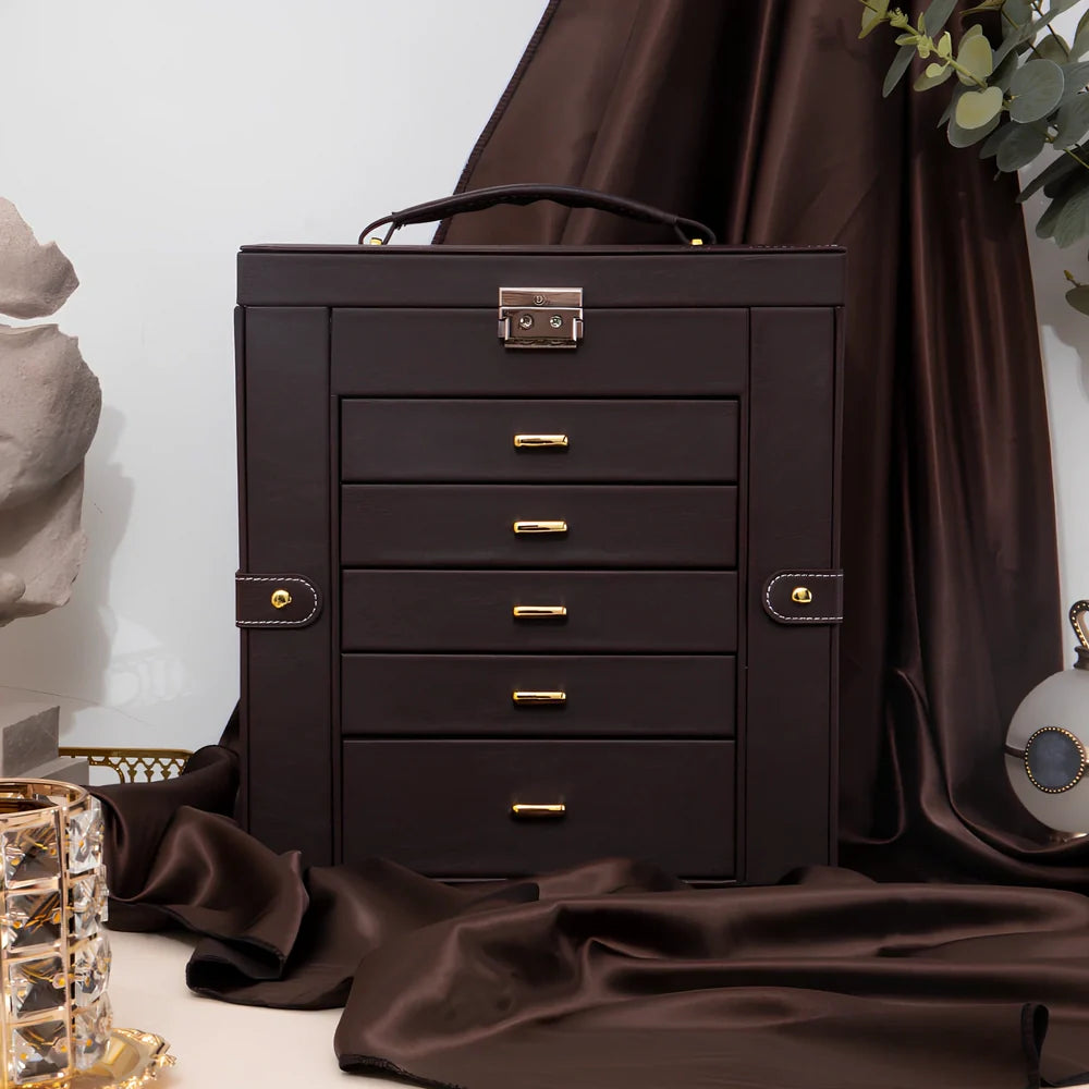 Large jewellery box with multiple compartments for cosmetics and accessories storage