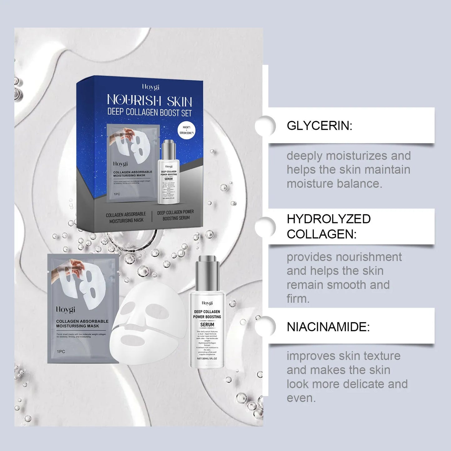Collagen moisturising facial mask kit with 30ml essence serum bottle