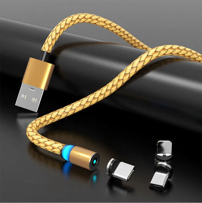 Magnetic data cable with breathing light indicator in multiple colours, showing Apple, Android and USB-C magnetic head options