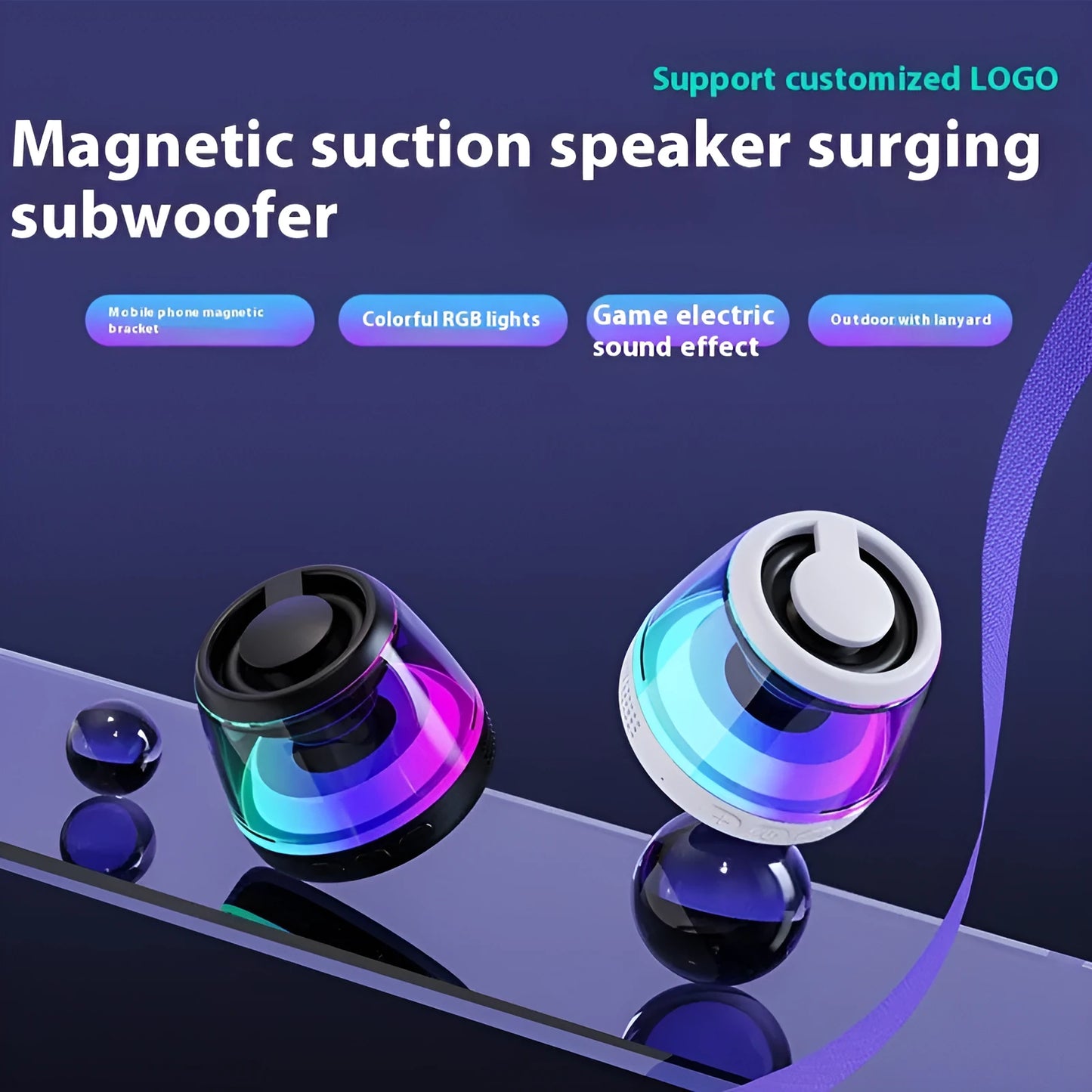 Small white portable Bluetooth speaker with LED light glow on a wooden desk next to a smartphone.