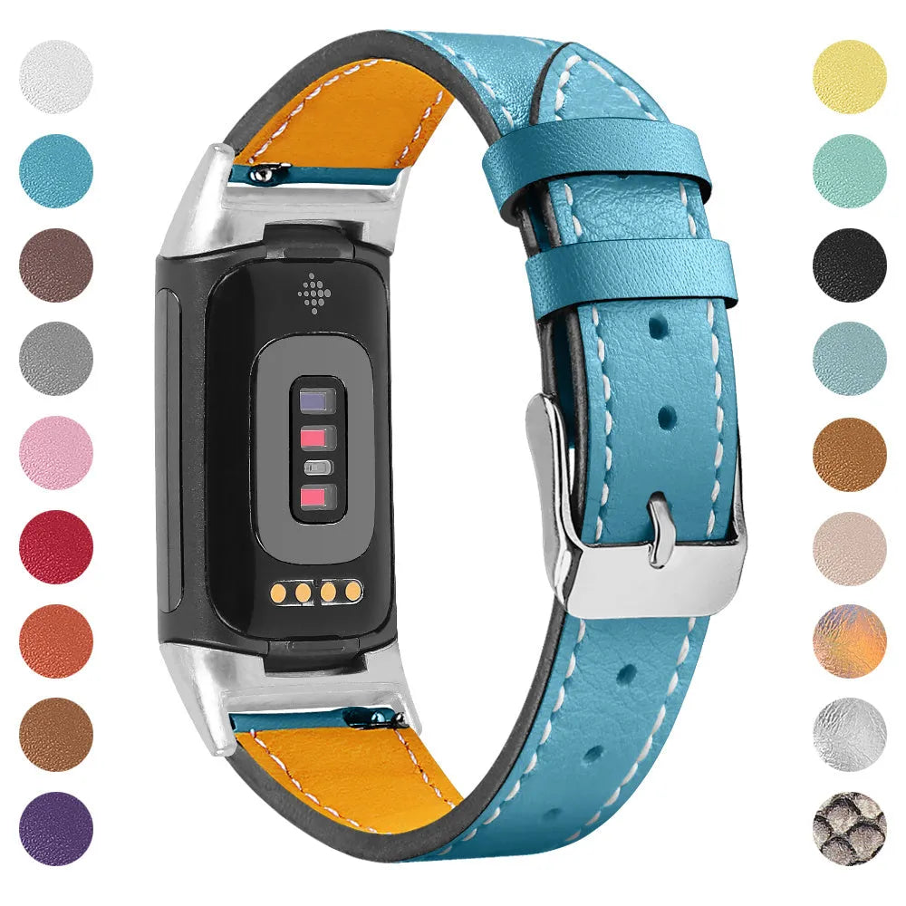 Genuine leather strap for Fitbit charge5 and charge6 in selected colour with adjustable buckle showing 5.5-8.1 inch length