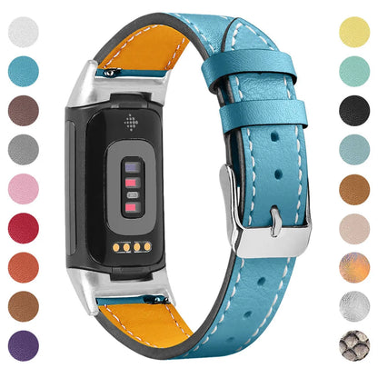 Genuine leather strap for Fitbit charge5 and charge6 in selected colour with adjustable buckle showing 5.5-8.1 inch length