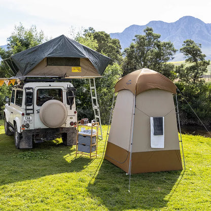 Single Person Folding Changing Shed in dark brown, offering privacy and sun protection outdoors