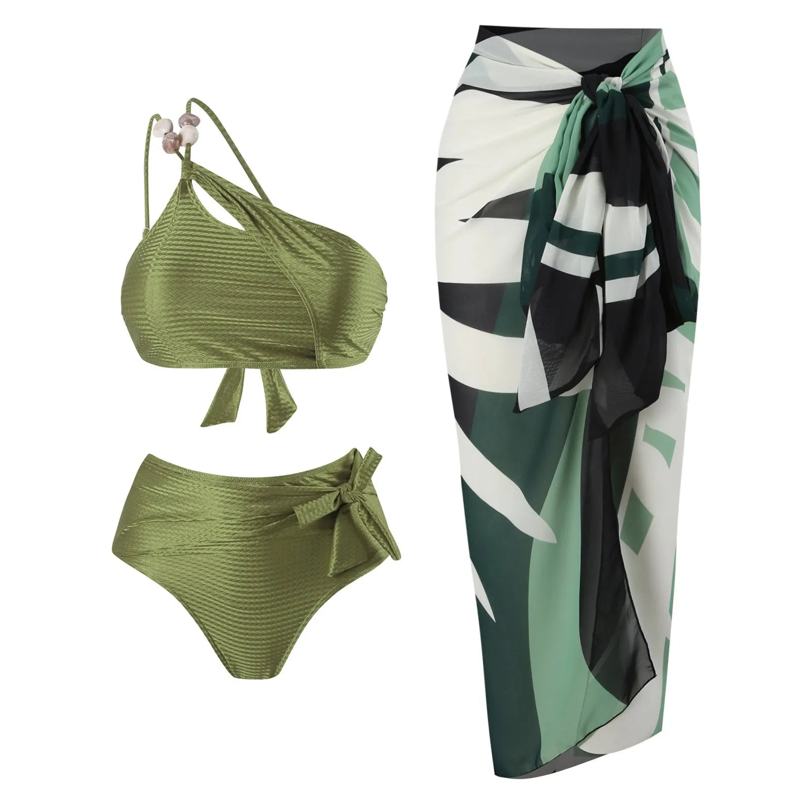 Women's push up bikini high waist split swimsuit chiffon dress in black, brown, or green