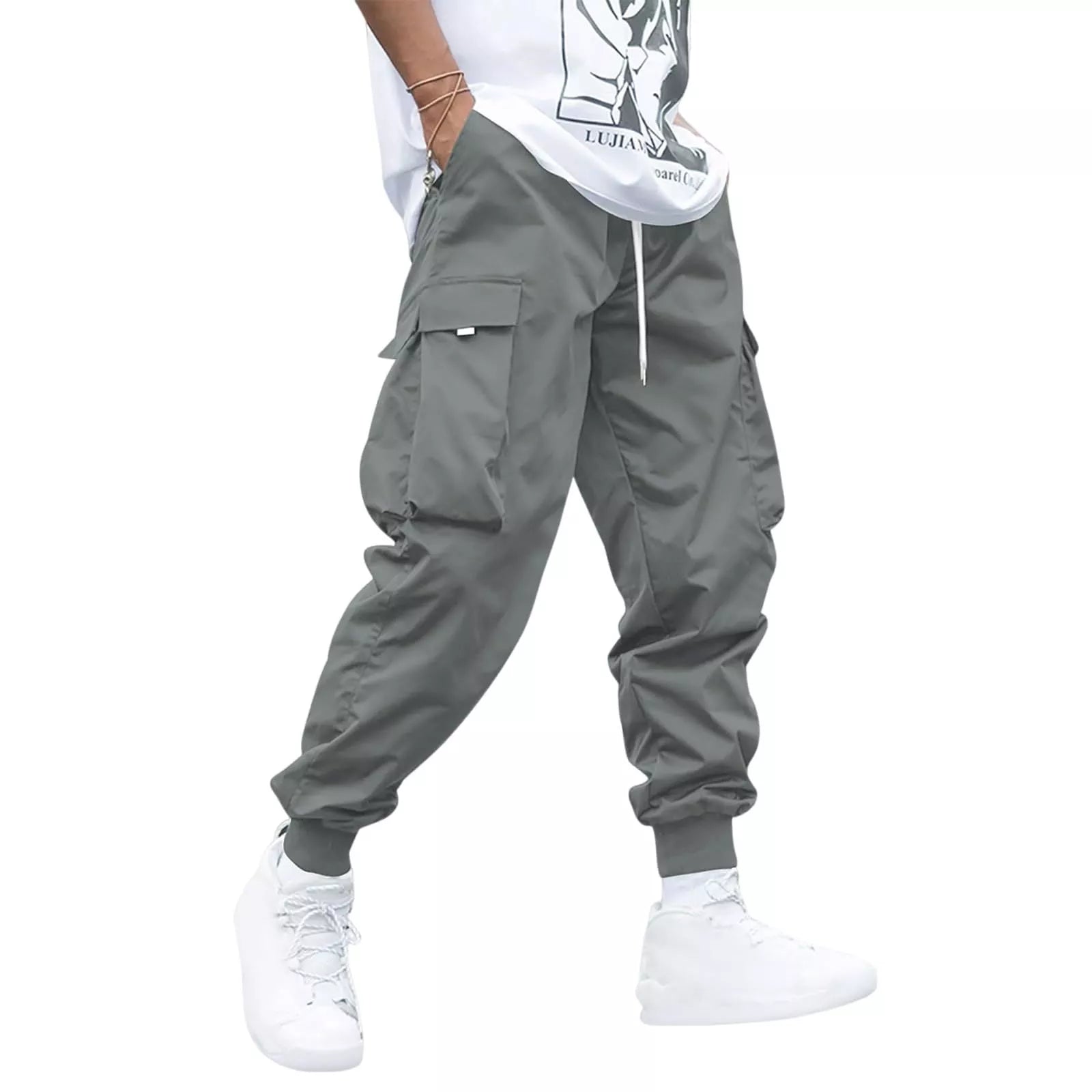 Men's oversized cargo pants in various colors with multiple pockets