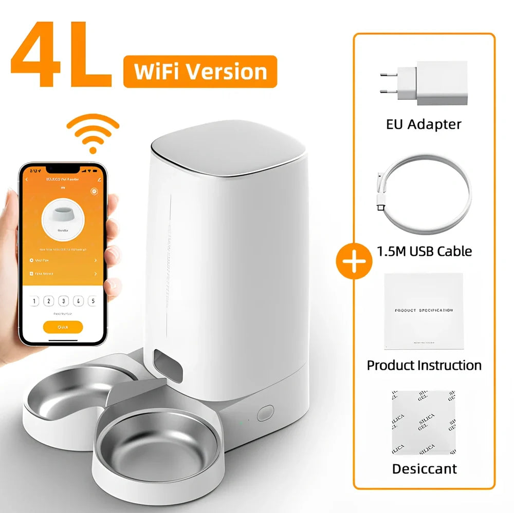 ROJECO white automatic pet feeder with stainless steel bowl and digital control panel