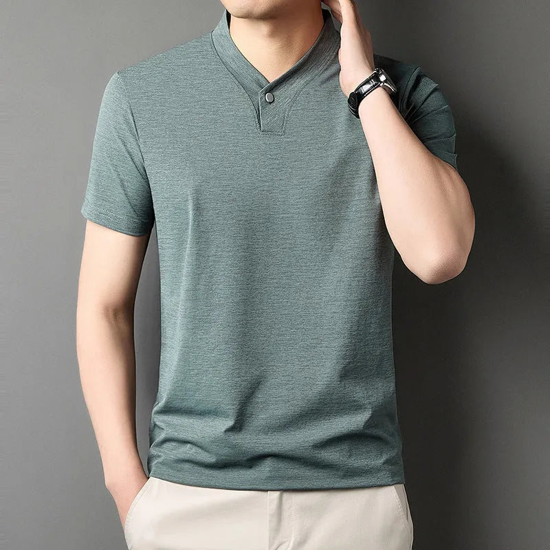 Men's short sleeve casual t-shirt with a zipper front detail, shown in one of the available colours.