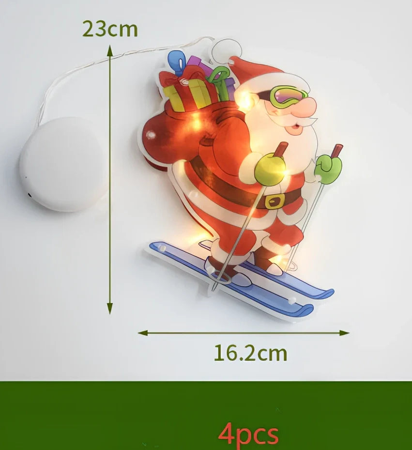 LED Christmas hanging lights with suction cups showing snowman design illuminated on window