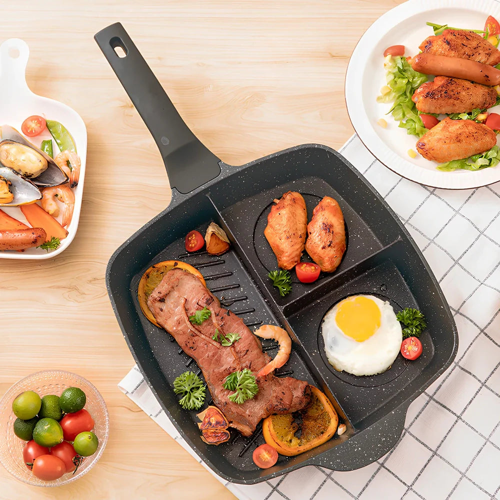 Black three-in-one omelette pan with medical stone non-stick coating and 4.5cm depth for breakfast cooking