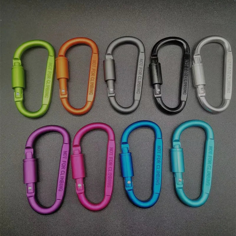 D-type aluminium climbing carabiner with screw-lock gate in bright black colour, 8cm flat design