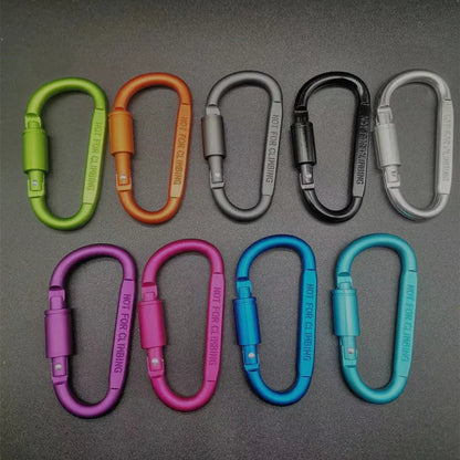 D-type aluminium climbing carabiner with screw-lock gate in bright black colour, 8cm flat design