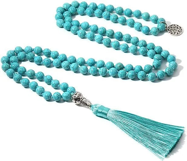 Handmade knotted beaded necklace with 108 natural stone beads in various colours.