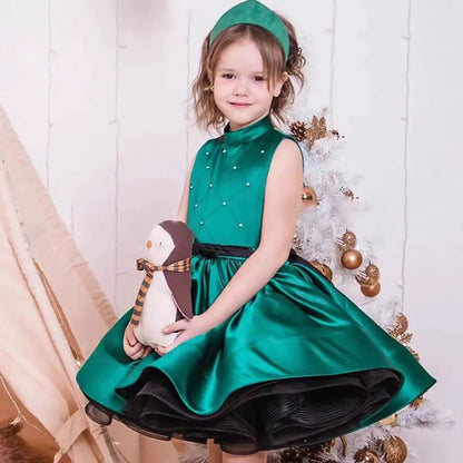 Green pettiskirt princess dress for girls with seven height sizes from 100cm to 160cm, polyester fabric