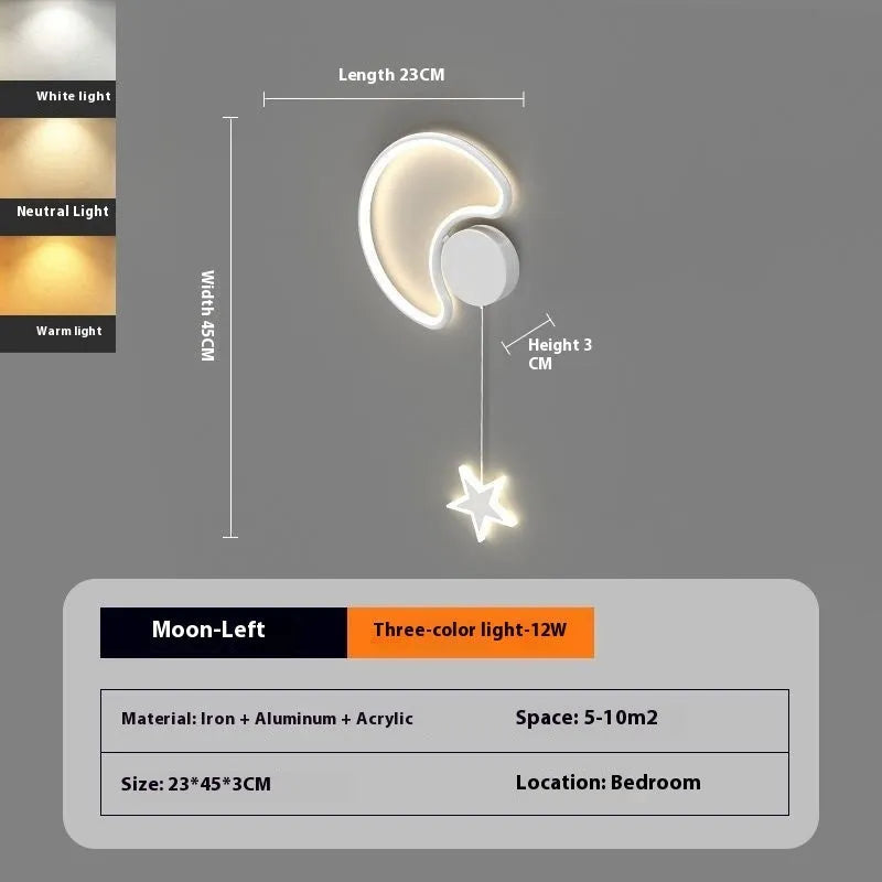 Black five-pointed star shaped children's wall lamp with a left-facing cloud design and touch control for three colour LED light.