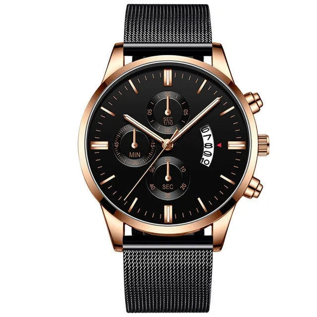Men's stainless steel mesh band quartz watch showing two-tone colour options on a 4.2cm case.