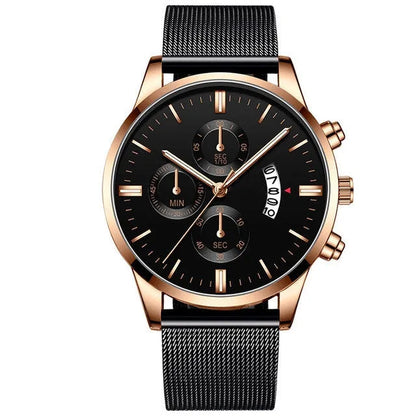 Men's stainless steel mesh band quartz watch showing two-tone colour options on a 4.2cm case.