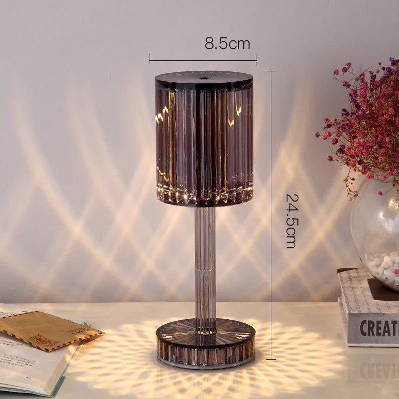 Crystal table lamp with K9 crystal shade and touch dimmable LED lighting on wooden table