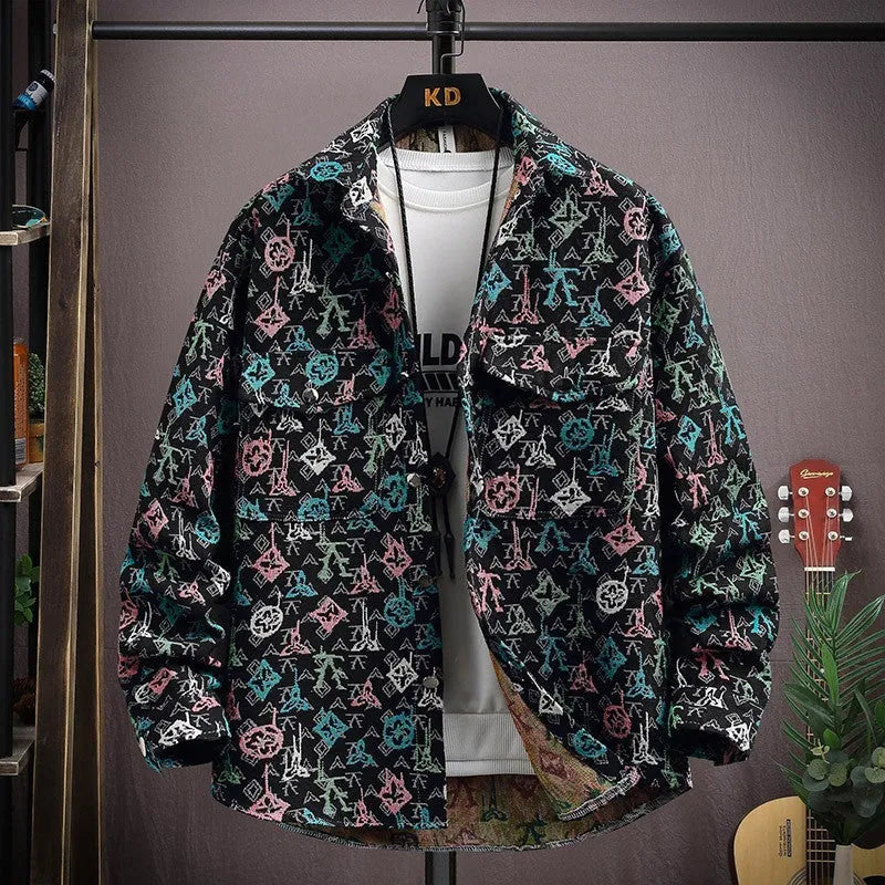 Personality casual lapel shirt coat with straight hem and long sleeves in colour 526 Black, size M to 4XL for weights 40-92.5 kg