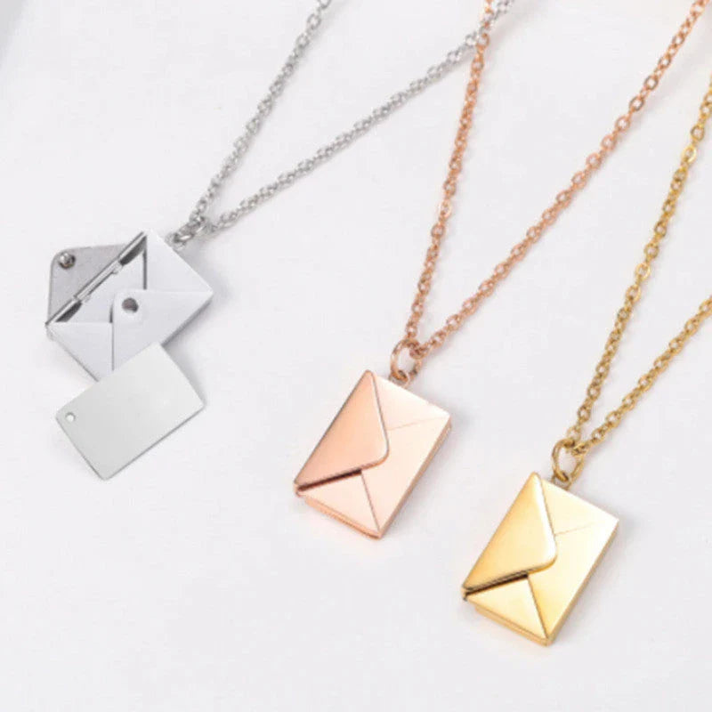 Stylish titanium steel envelope necklace with a discreet compartment for storing personal keepsakes