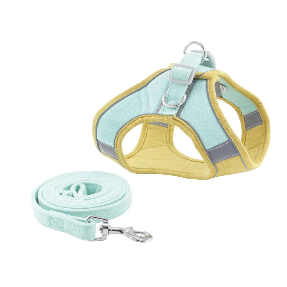 Fleece-lined dog harness with reflective strips and 150cm lead in navy blue colour