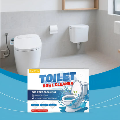 Four sachets of toilet bowl cleaning powder totalling 120g on a bathroom background