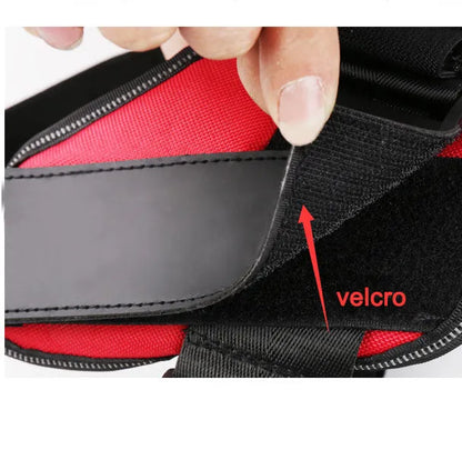 A reflective adjustable no-pull dog harness in nylon, shown on a dog, with a sturdy handle and D-ring for leash attachment.