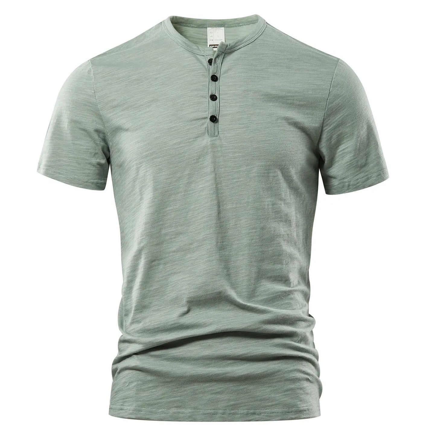 Men's slub cotton short sleeve t-shirt in denim blue colour showing British-style design and textured fabric