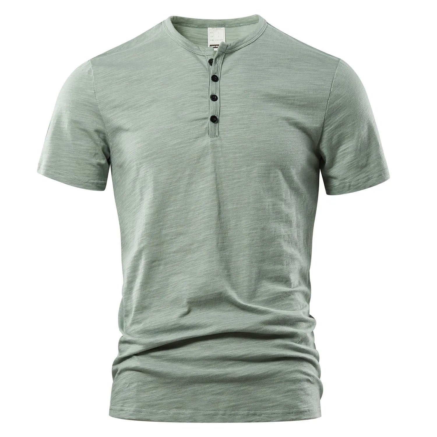 Men's slub cotton short sleeve t-shirt in denim blue colour showing British-style design and textured fabric