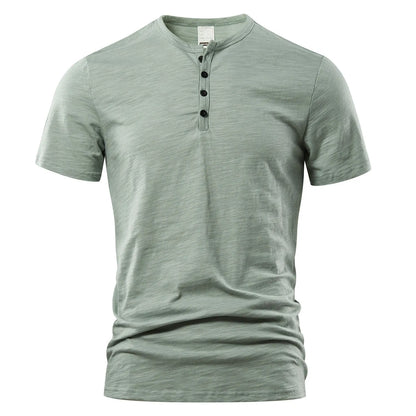 Men's slub cotton short sleeve t-shirt in denim blue colour showing British-style design and textured fabric