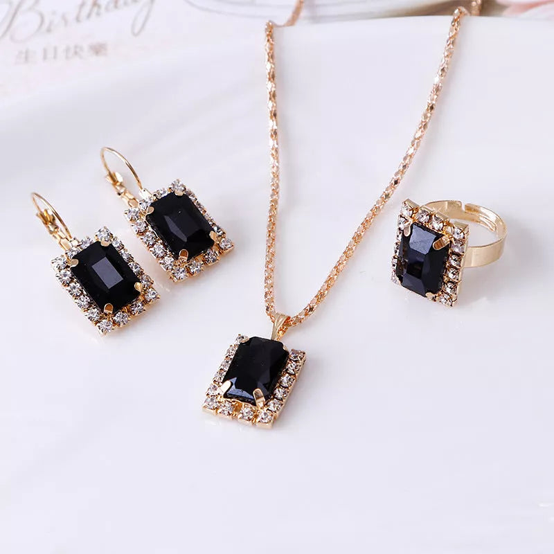Elegant alloy crystal jewelry set with necklace, earrings, and ring in various colors
