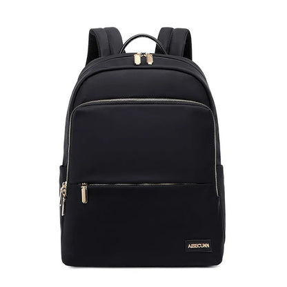 Oxford cloth women's backpack in black or purplish grey showing large capacity and padded straps
