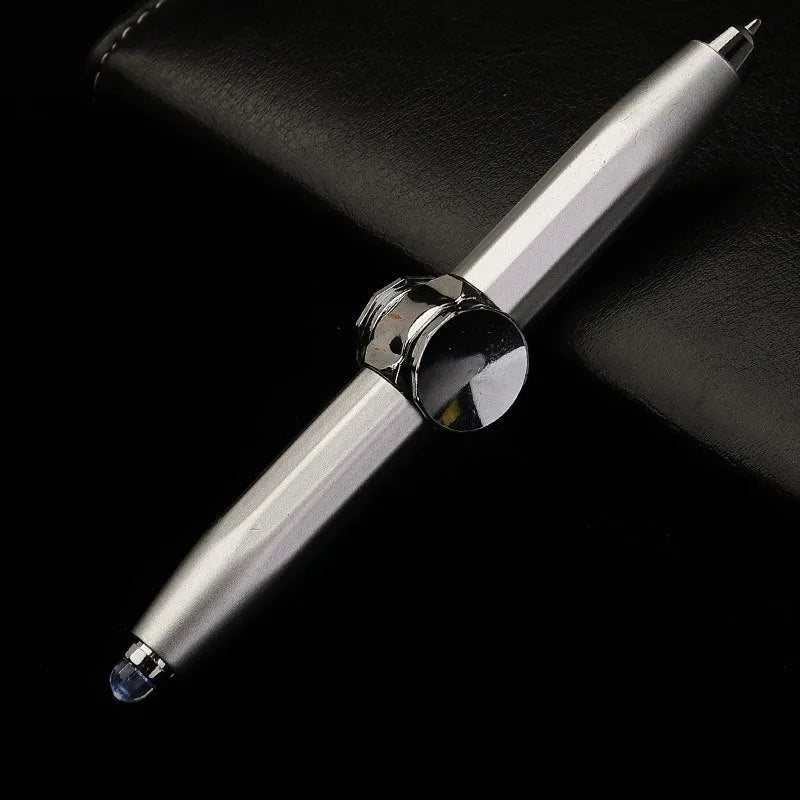 Creative multi-function metal pen with LED light and fingertip gyro spinner for writing and fidgeting.
