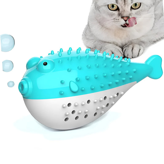 Small blue silicone fish-shaped chew toy for cats on a plain background.