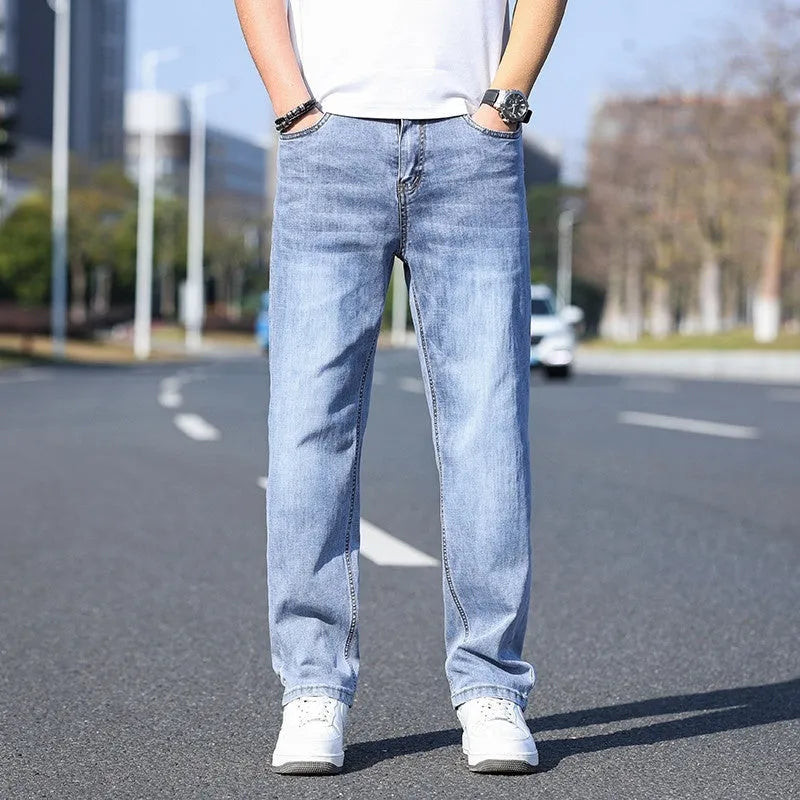 Men's tapered trousers in stretch cotton denim fabric for business casual wear