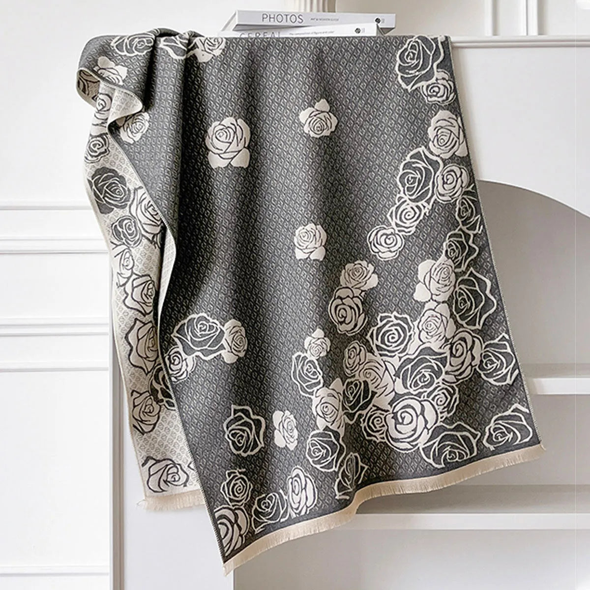 Imitation cashmere scarf with tassel fringe in grey, black, blue, or khaki colours measuring 185x65cm