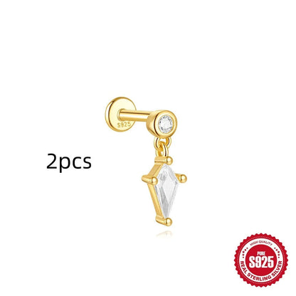 S925 sterling silver geometric kite earrings with rhinestone chain tassel in gold plating