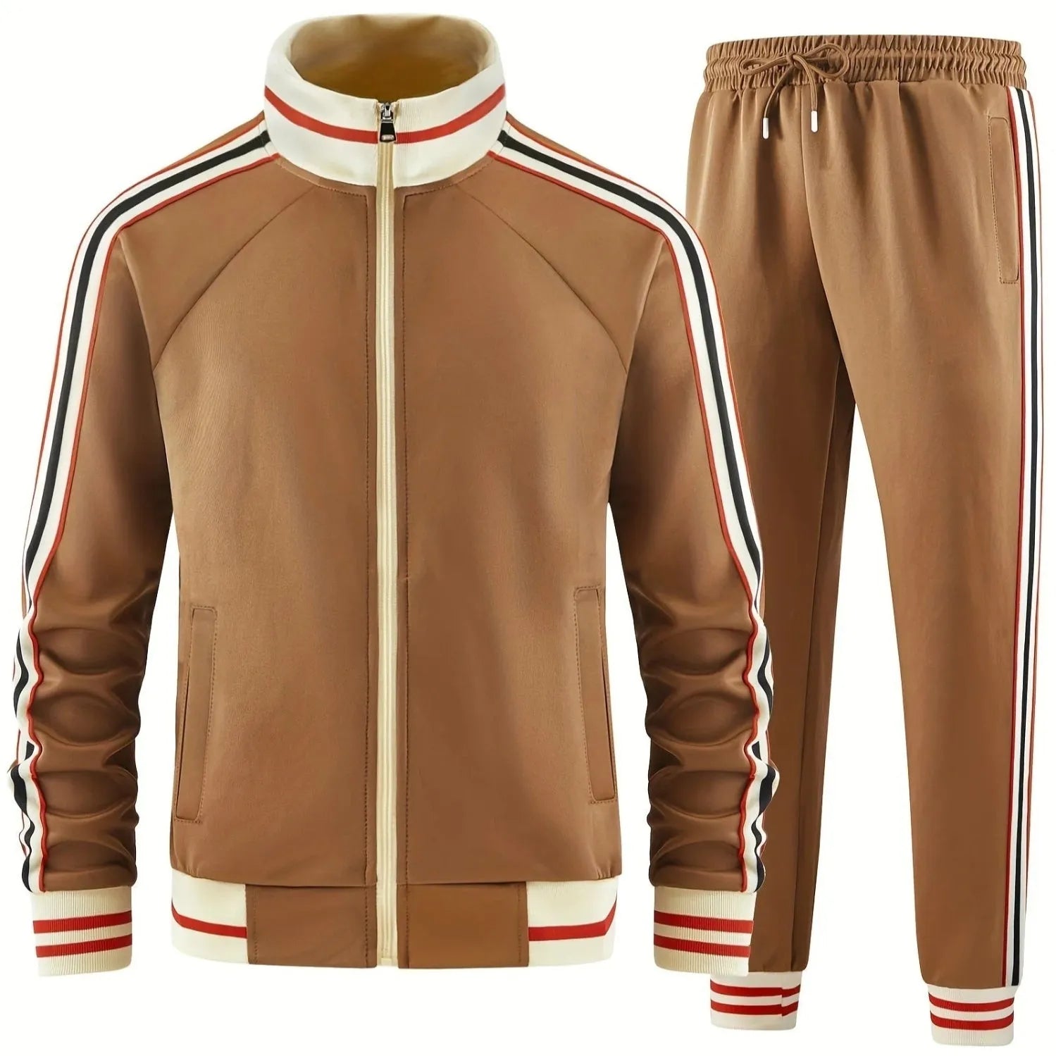 Turtleneck zipper cardigan top and trousers suit in khaki colour, street-style leisurewear with sizes S to 6XL