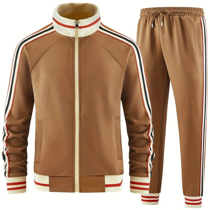 Turtleneck zipper cardigan top and trousers suit in khaki colour, street-style leisurewear with sizes S to 6XL