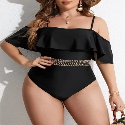 Black women's one-piece swimsuit on a mannequin, available in sizes 0XL to 4XL.