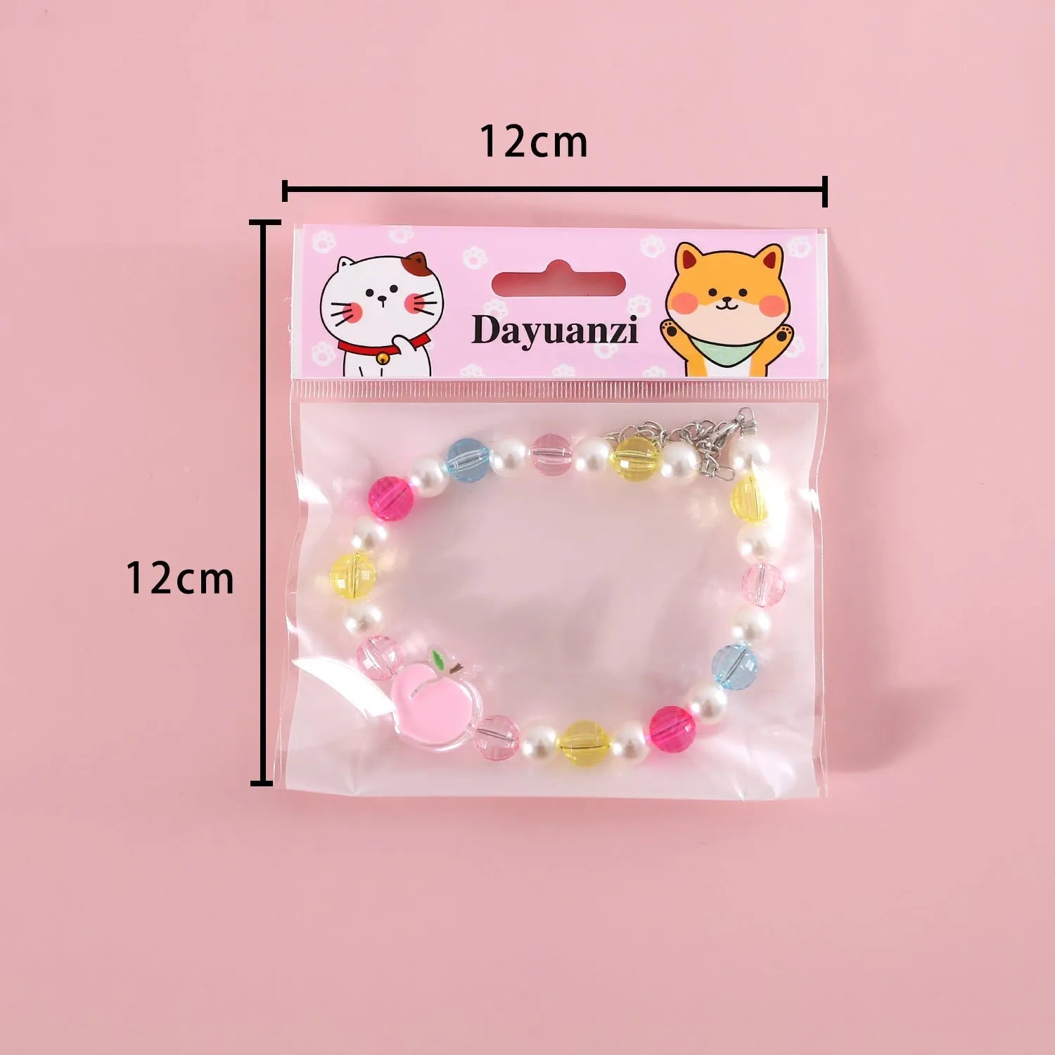 Colourful plastic bead cat necklace with adjustable clasp showing peach, rainbow, and small flower pattern options