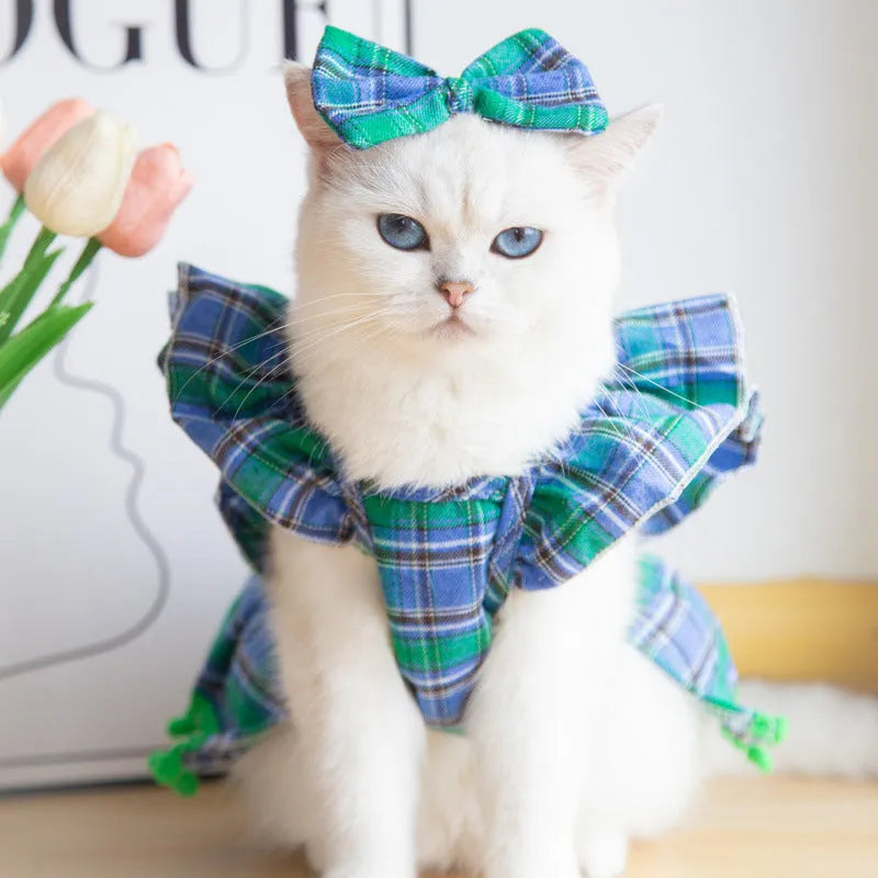 Red Christmas tartan pet skirt with head flower accessory for cats and dogs