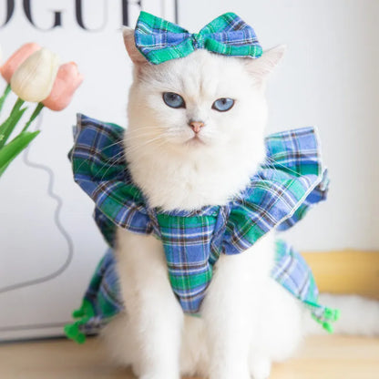 Red Christmas tartan pet skirt with head flower accessory for cats and dogs