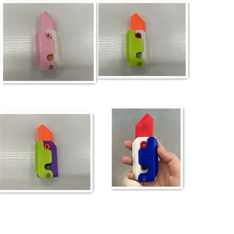 Small orange and green 3D printed plastic carrot knife fidget toy with blade extended.