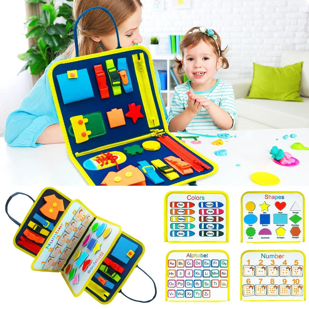 Children's busy board with dressing and buttoning features for early learning