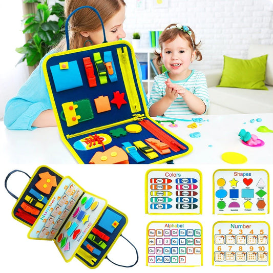 Children's busy board with dressing and buttoning features for early learning