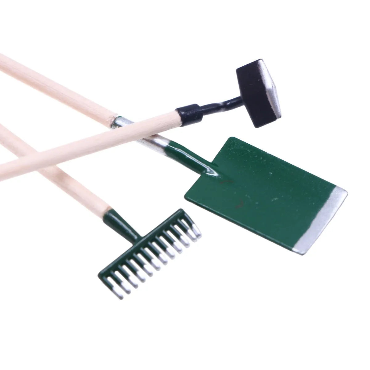 Miniature alloy gardening tools set for dollhouse elf garden scene, 3-piece accessory kit