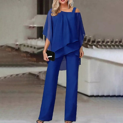 Women's batwing sleeve top and straight trousers set in polyester, available in multiple colors