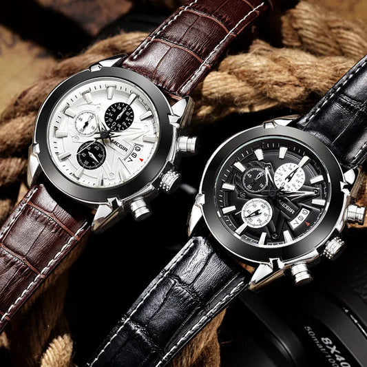 Men's brown and white surface quartz watch with three sub-dials and six luminous hands showing 15mm thickness