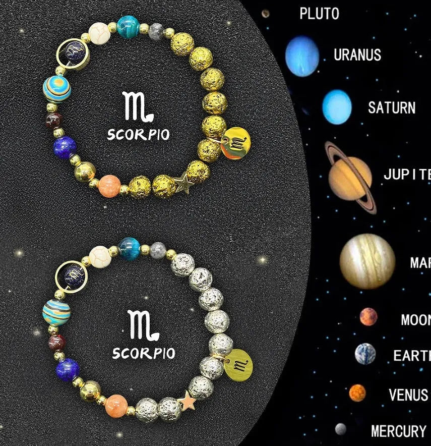 Two adjustable beaded bracelets with zodiac signs on natural stone beads, length 18-22cm