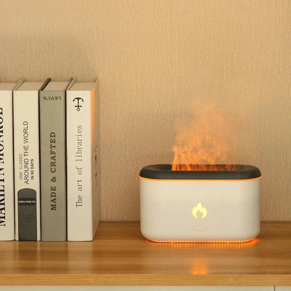 Black and white USB flame aroma diffuser with 300ml water tank for room humidification